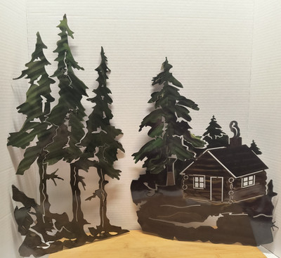 Metal Wall Hanging Cabin In The Woods(2 Pieces)Evergreens 22''x11'', Cabin 18''x14''