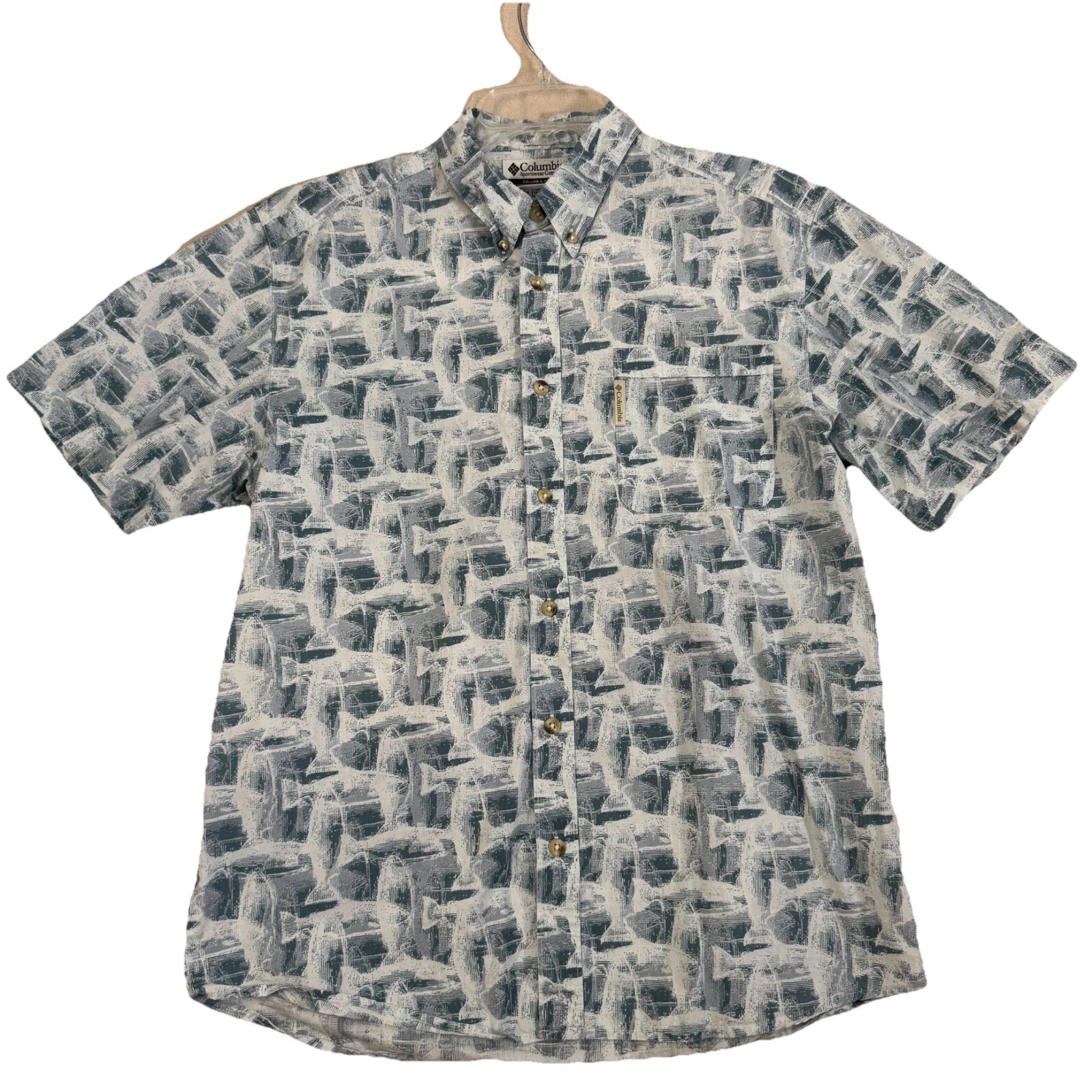Columbia Men’s Short Sleeve Button Up Shirt Fish Print M Blue White
