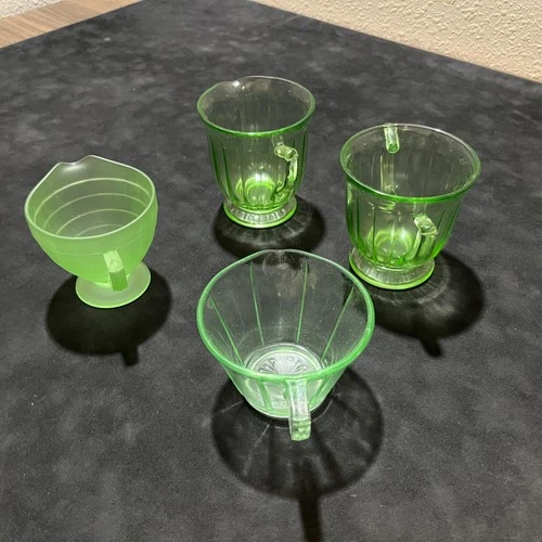 Uranium Vintage Green Depression Glass Creamers Sugar Bowl Lot of 4 Vaseline