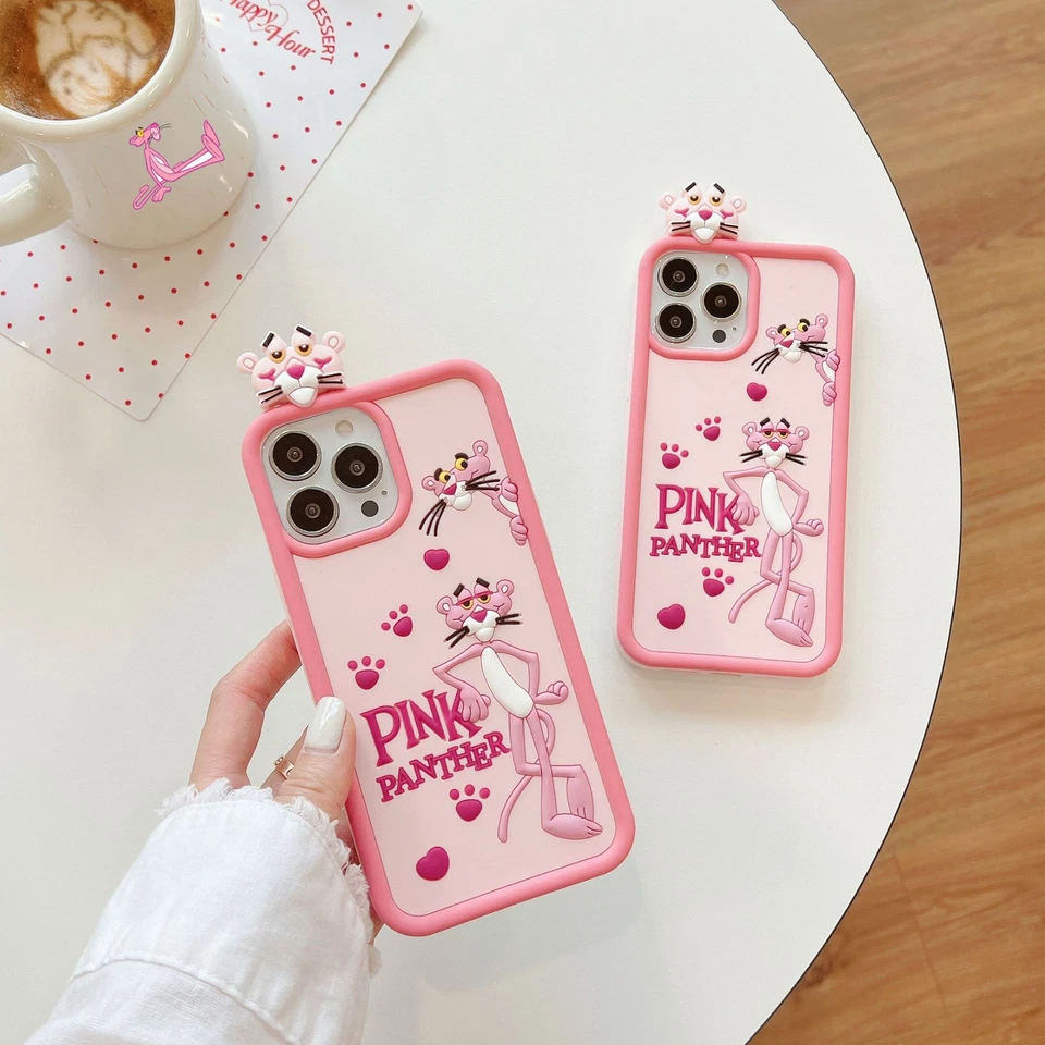 Funda protectora de goma para teléfono Pantera de dibujos animados rosa para iPhone 16 15 14 13 12 Pro Max Foto 2 de 4