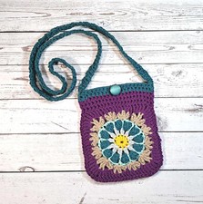 Purple and Teal Multi Color Crochet Granny Square Small Crossover Bag Purse