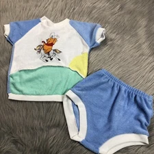 Vintage Winnie The Pooh Disney Terry Cloth Cowboy Blue Green Top Bloomers Set