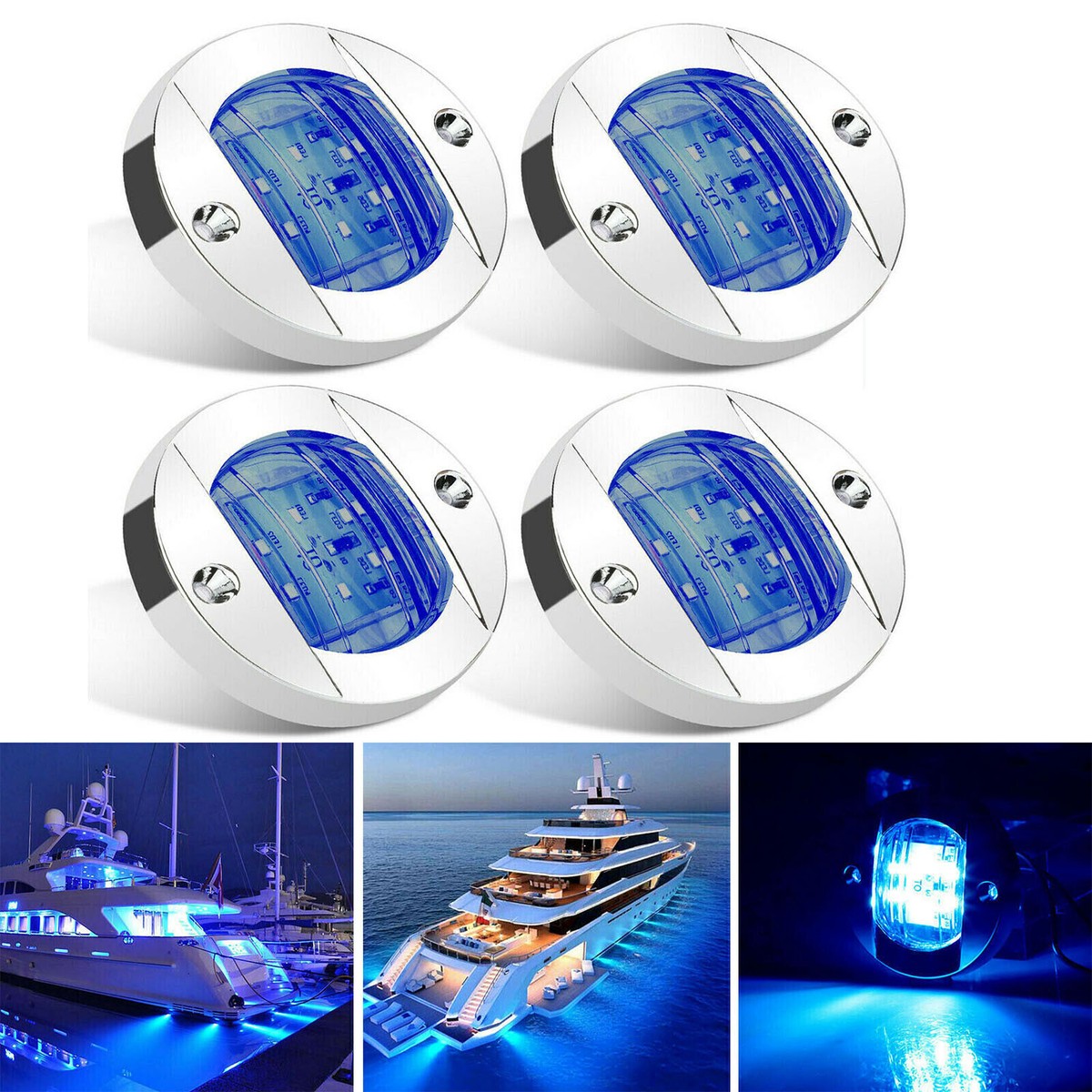 4X Light Blue Round Marine Boat LED Courtesy For Cabin Deck Stern