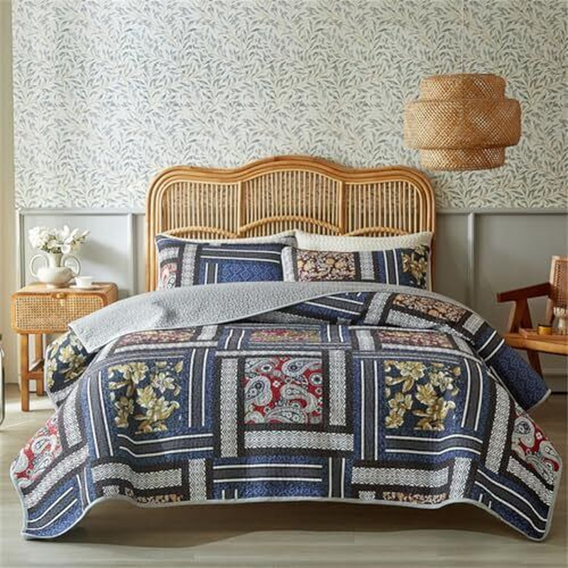Quilt Set for Bed 3Piece Cotton Quilts Boho Quilt Set Queen Grid