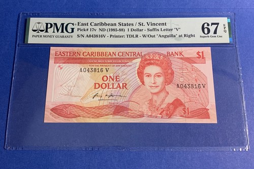 PMG East Caribbean States/ St. Vincent $1 Banknote ND(1985-88) Suffix Letter V - Picture 5 of 6