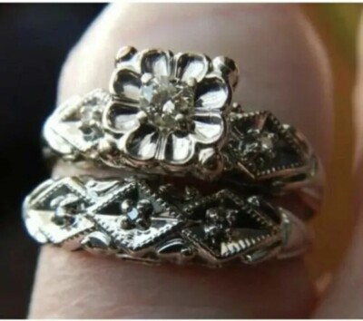 Art Deco Round Cut Lab Created Diamond 925 Silver Engagement Bridal Ring Set
