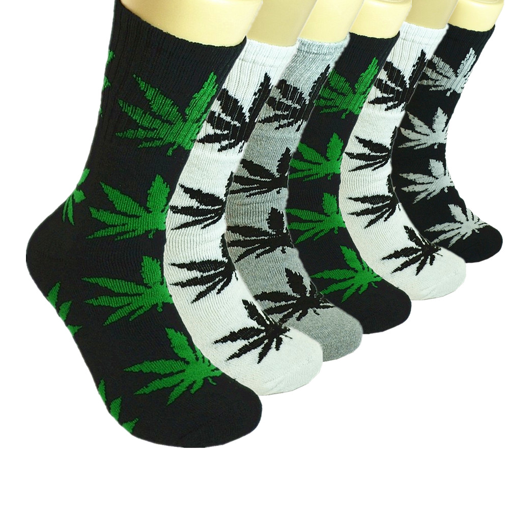 6 Pairs Men Sports Leaf Weed Marijuana Crew Cotton Long Socks Size 9-11 10-13