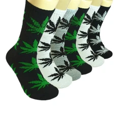 6 Pairs Men Sports Leaf Weed Marijuana Crew Cotton Long Socks Size 9-11 10-13