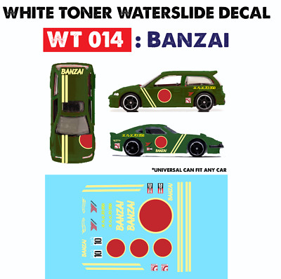 WT014 White Toner Waterslide Decal BANZAI For Custom 1:64 Hot Wheels 