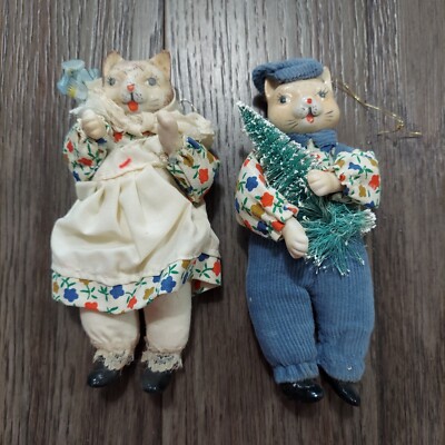 Vtg Celebrating Christmas Mr & Mrs Cat Doll Ceramic Head & Hands 6'' Matching
