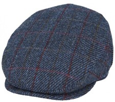 Harris Tweed Flat Cap Country Peaked Newsboy Hat - Navy Blue