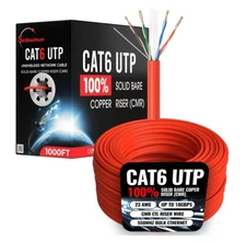 1000FT CAT6 Red ETL CMR Ethernet Cable UTP Solid Bare Copper 23AWG 550Mhz Wire