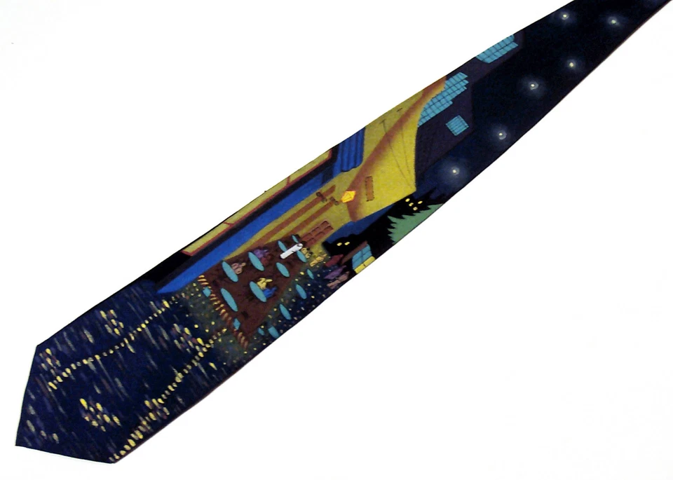 Gravata Van Gogh calçada café pintada à mão masculina gola de seda arte novidade - Imagem 3 de 4