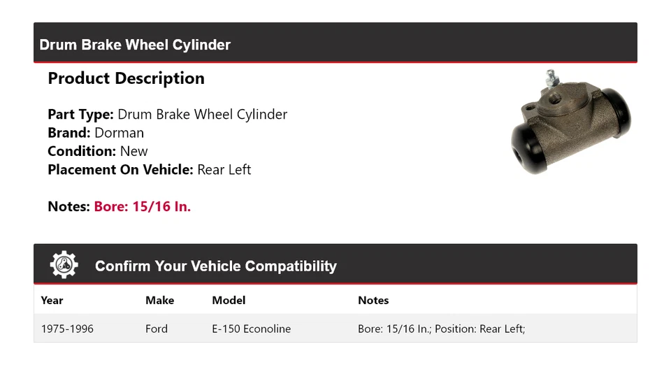 Задний левый цилиндр барабанного тормоза колеса для Ford E-150 Econoline Dorman 1975-1996 годов выпуска - Изображение 2 из 4