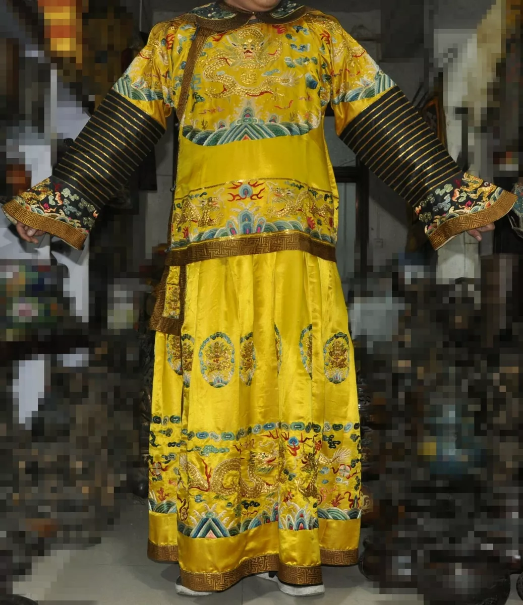 Chinese silk Gold Line Hand Embroidery Qing dynasty emperor Dragon