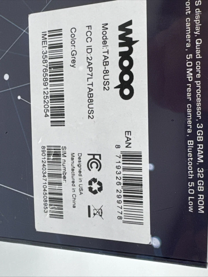 WHOOP TAB-8US2, 8" Quad Core, 4G, Tablet PC - Image 3 of 4