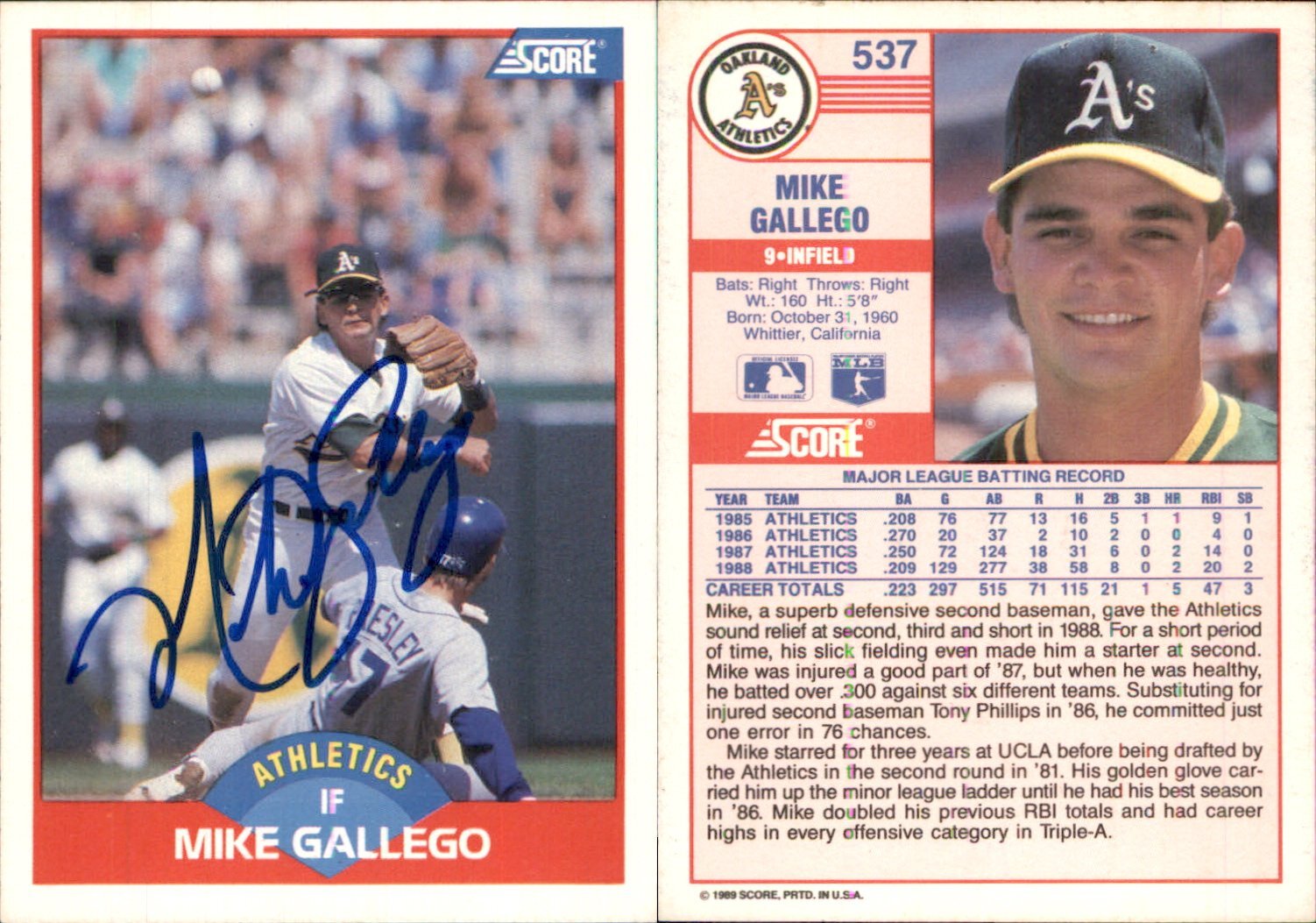 Mike Gallego Signed 1989 Score #537 Card Oakland Athletics Auto AU