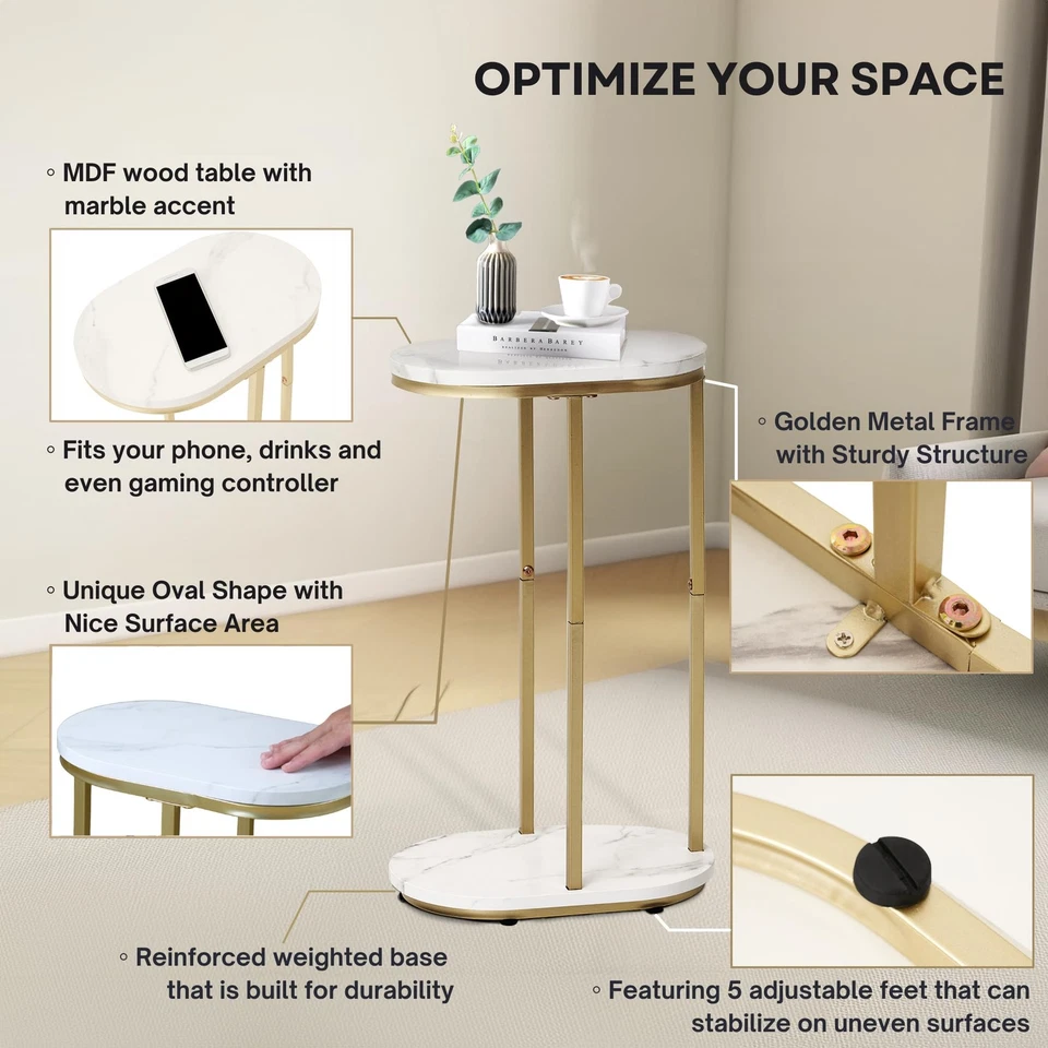 Wooden Marble Side Table, Oval Top with Gold Metal Frame for Ends, Compact Ma... - Image 4 of 4