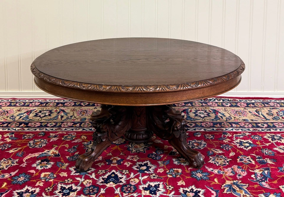 Antique French Black Forest Hunt Coffee Table OVAL Carved Griffins Oak 19th C - Image 3 of 4