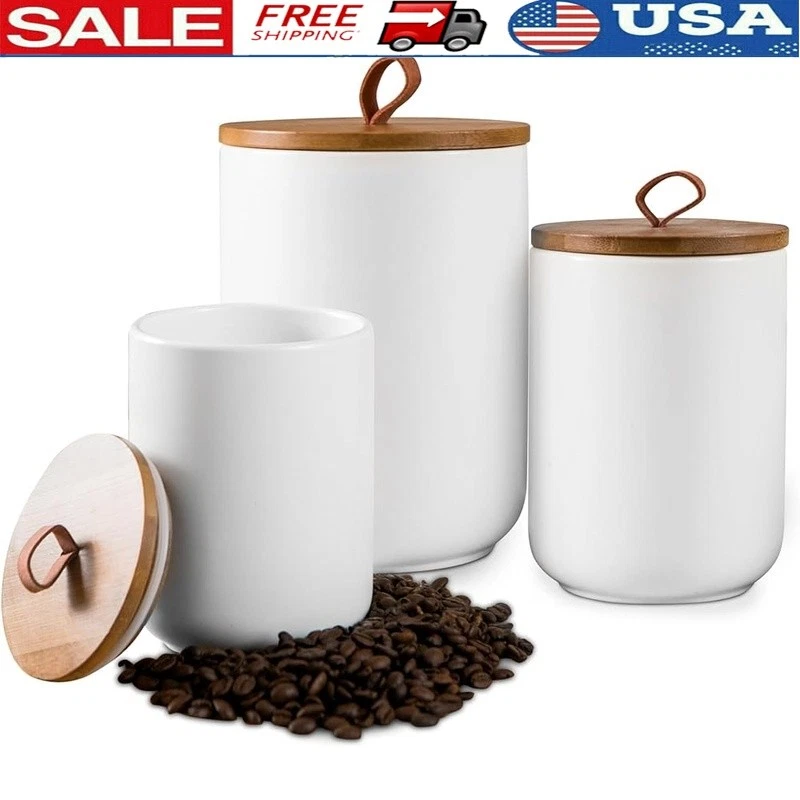 Ceramic Canister Set Airtight Storage Jars Wooden Lid Kitchen Organization Decor