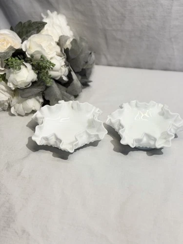 Set Of 2 Vintage Fenton Hobnail Milk Glass Candy Trinket Dish Ruffled Edge 6” W