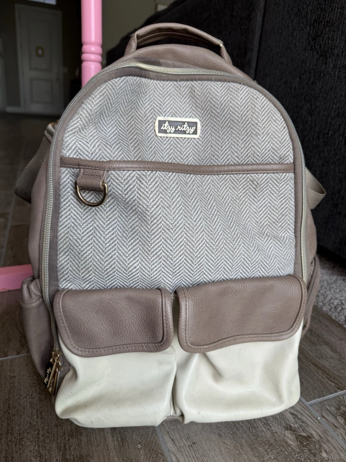 Itzy Ritzy Diaper Bag Backpack Taupe Cream w Changing Pad & Stroller Straps