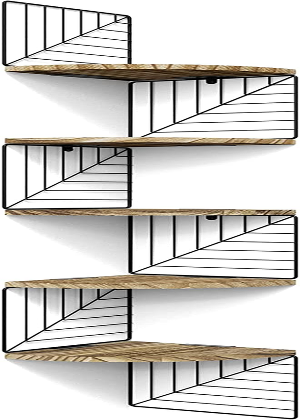 5 Tier Rustic Wood Corner Floating Wall Shelves Mount