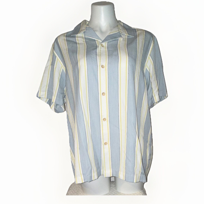 Ted Baker Men's L/XL Striped Short Sleeve Button-Up Shirt Blue White Beige