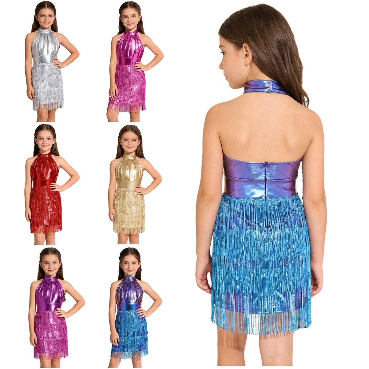 Girls Gown Jazz Costume Disco Skirt Metallic Shiny Dress Skater