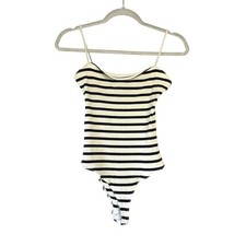 Reformation Women Black White Striped Ribbed Knit Spaghetti Strap Bodysuit A097