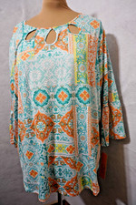 Ruby Rd Woman Keyhole Neck Print Top Tropical Print 3/4 Sleeve Sz 3X NWT