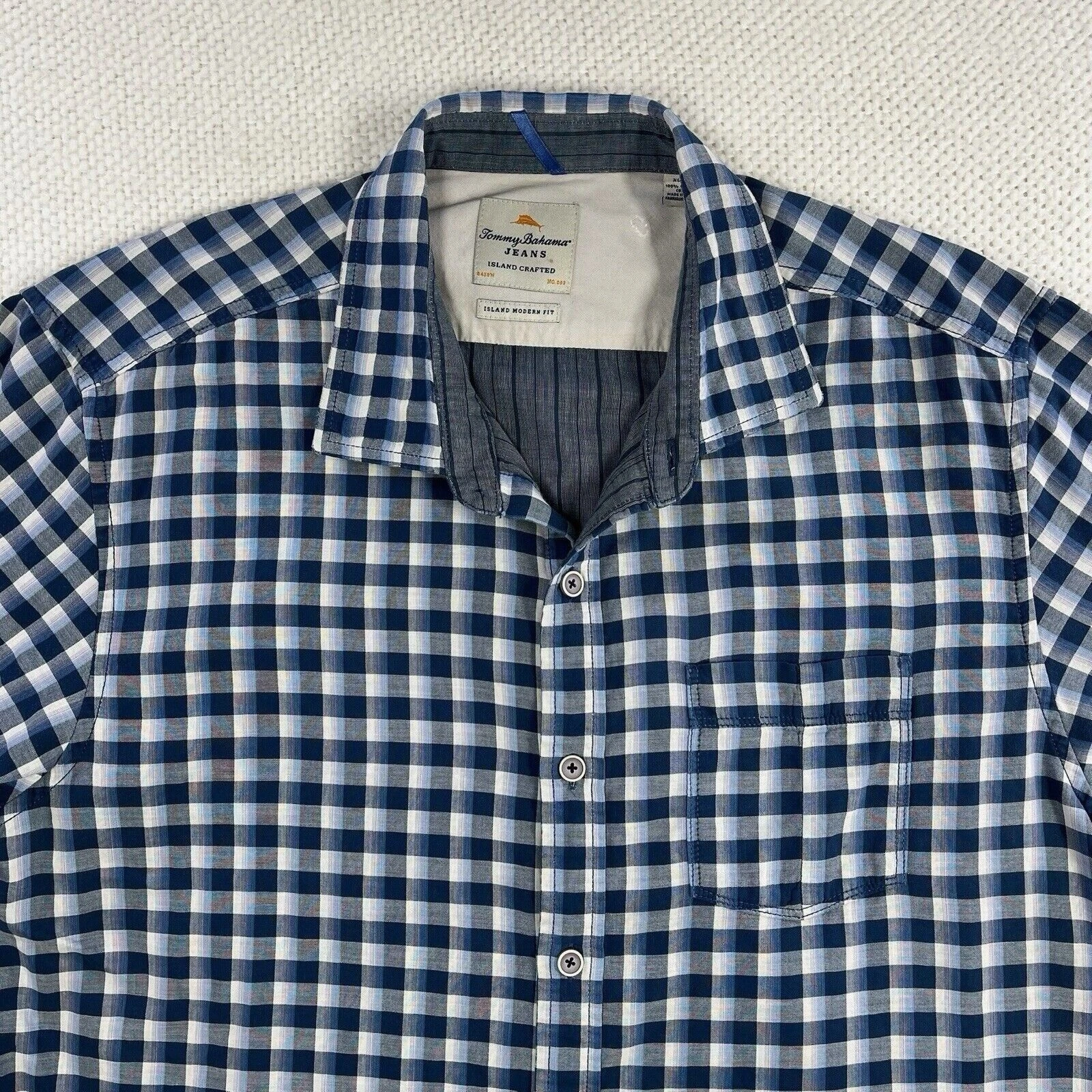 Tommy Bahama Men Shirt Blue White Gingham Cotton XL Island Modern Fit