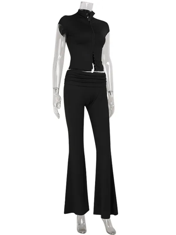 Ahagaga Sexy Women's Sets Short Sleeves Hollow Out Skinny Zipper Basic 2Pcs image 7