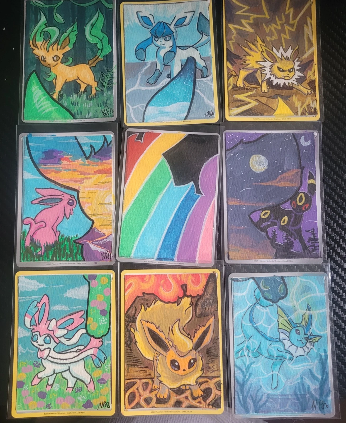 ACEO, original, 1st edition, 2.5x3.5, acrylic, 9 pc, series, Eeveelutions, poke