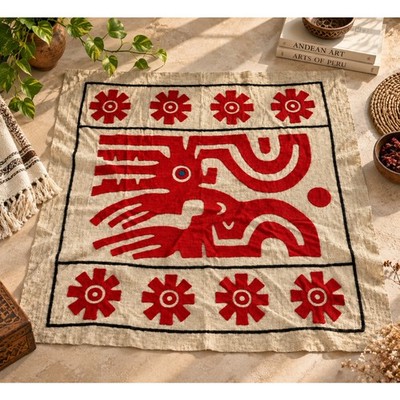 Vintage Traditional Peruvian Chimu Appliqued Folk Art Textile 101x96cm