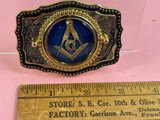 Freemason Masonic Emblem Belt Buckle Mason Light Gold Blue Made In USA