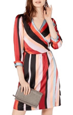 Bar III Women's Striped Multi-Colored Wrap Dress 3/4 Sleeve Tie Belt Size S