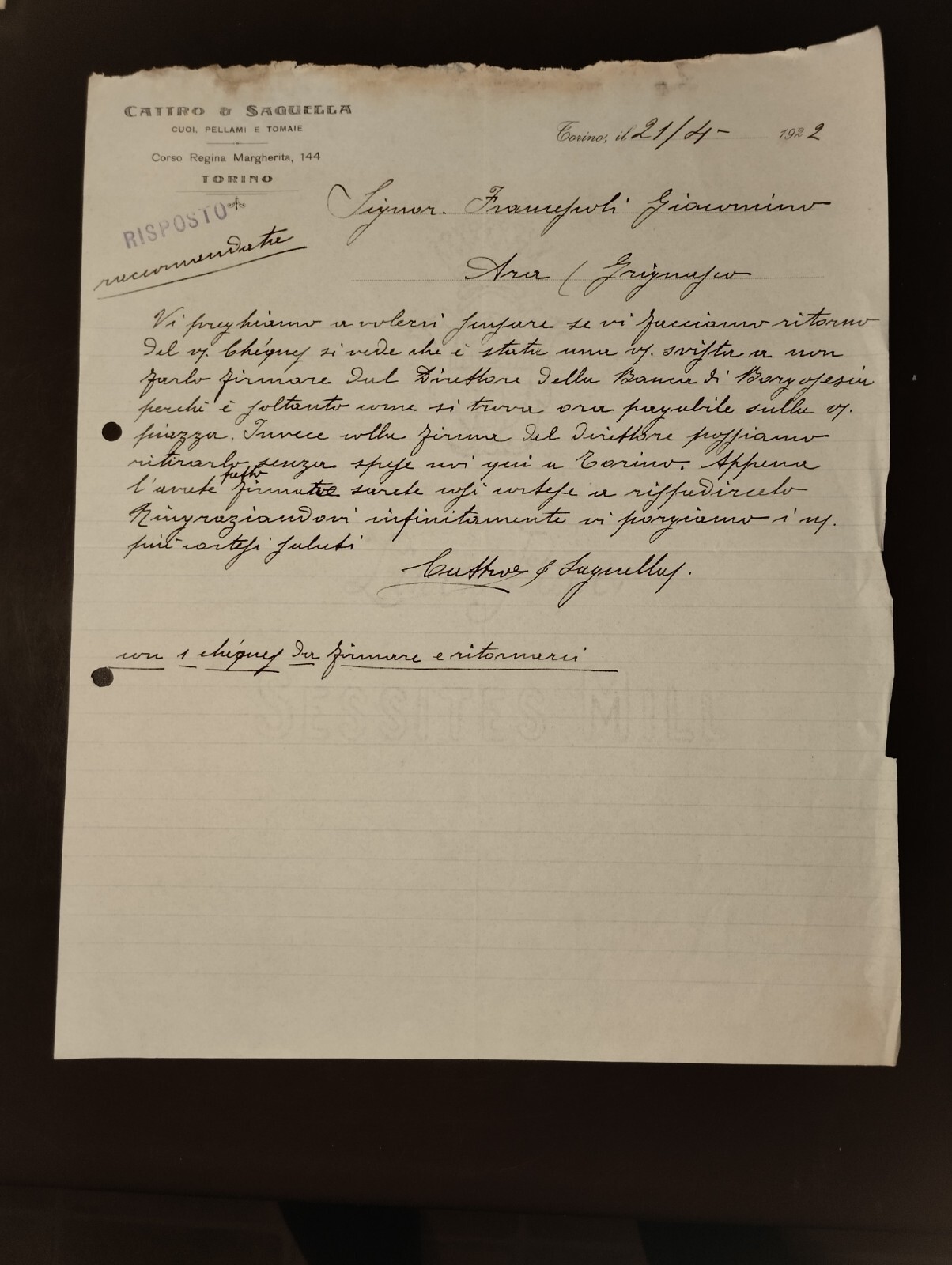 Carta Intestata Torino Cuoi Pellami Tomaie CATTRO & SAGUELLA 1922 QX3479