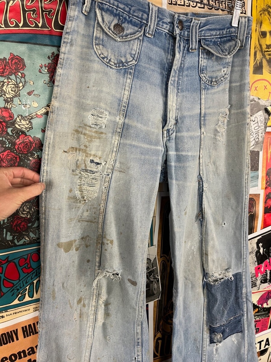 Vintage 70s Light Wash Distressed Thrashed Patched Denim Vintage 70s Light Wash Distressed Thrashed Patched Denim