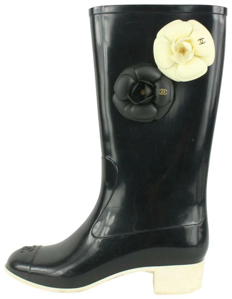 CHANEL Rubber Camellia Rain Boots 38 Black 913269