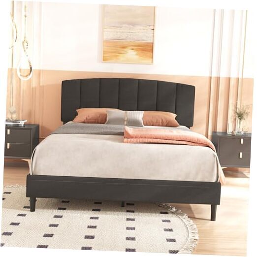 Upholstered Size Platform Bed Frame with Velvet Upholstered Queen Black