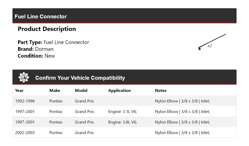 Conector de línea de combustible Dorman para Pontiac Grand Prix 1992-2003 1993 1994 1995 1996 Foto 2 de 4
