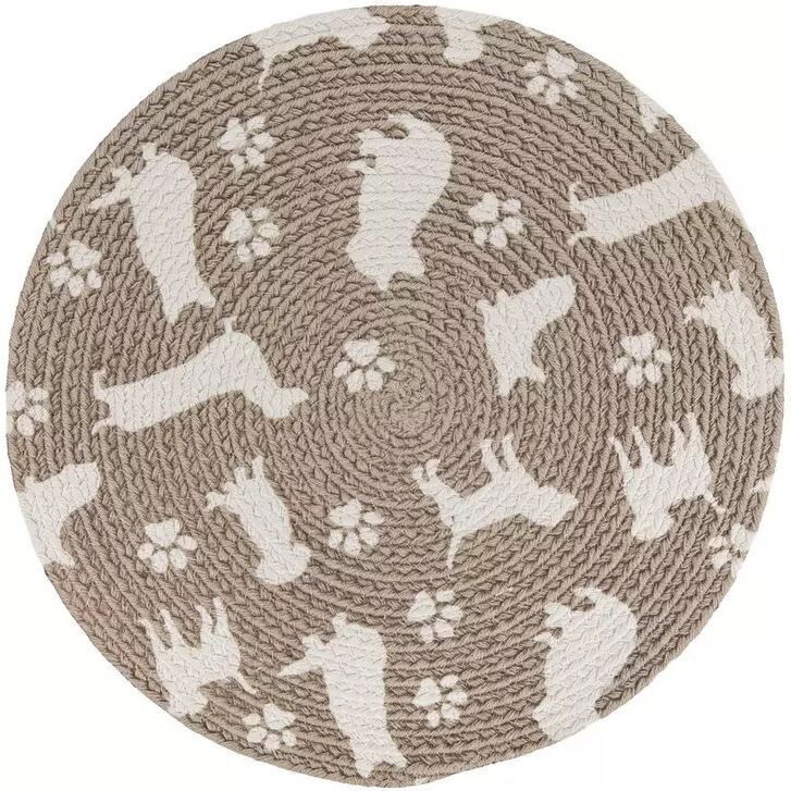 2 Round Braided Cotton Placemats (14") WHITE DOGS & PAWPRINTS ON BROWN