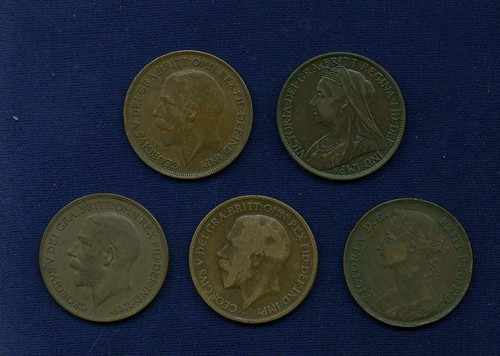 GREAT BRITAIN "PENNY" COINS: 1887, 1898, 1918-H, 1919, & 1919, GROUP LOT OF (5)