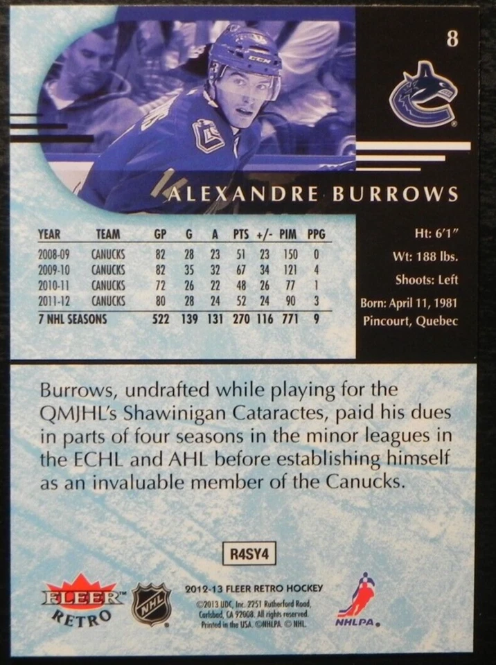 2012-13 12/13 Fleer Retro #8 Alexandre Burrows Vancouver Canucks - Image 2 of 2