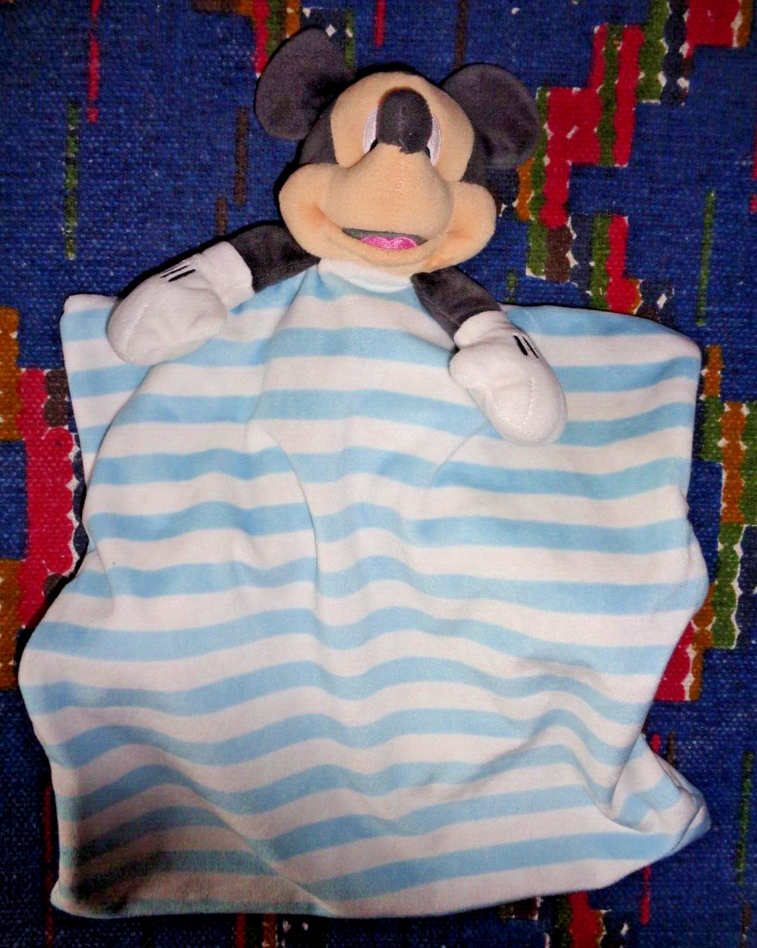 Doudou mouchoir Disney Baby bleu blanc rayé peluche plate nouveau-né