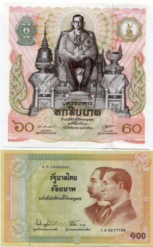 Thailand Set 2 PCS 60 100 BAHT ND 1987 2002 P 93 110 LARGE SIZE AUnc - Picture 1 of 2