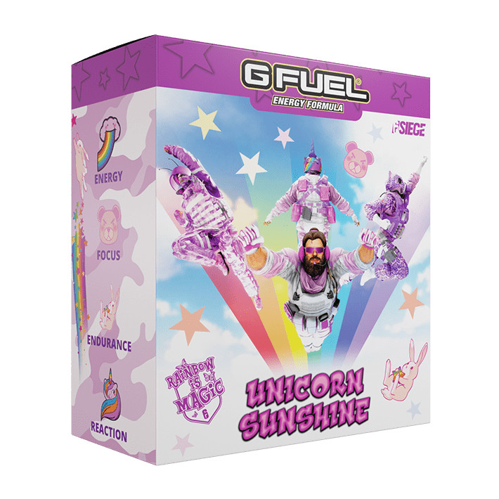 G Fuel Six Siege Unicorn Sunshine Collector's Box Tub Tall Shaker Cup 4 Doodlez