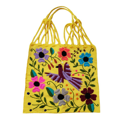 Embroidered Mexican Woven Tote Bag NEW Chiapas Mexico Floral Birds Handmade Gift