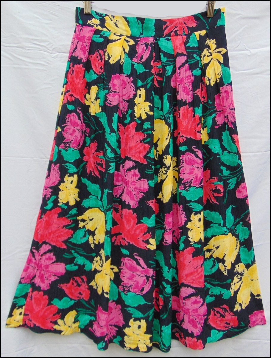 Vintage 1980s skirt HOUSE OF FRASER black/multi crinkle midi skirt